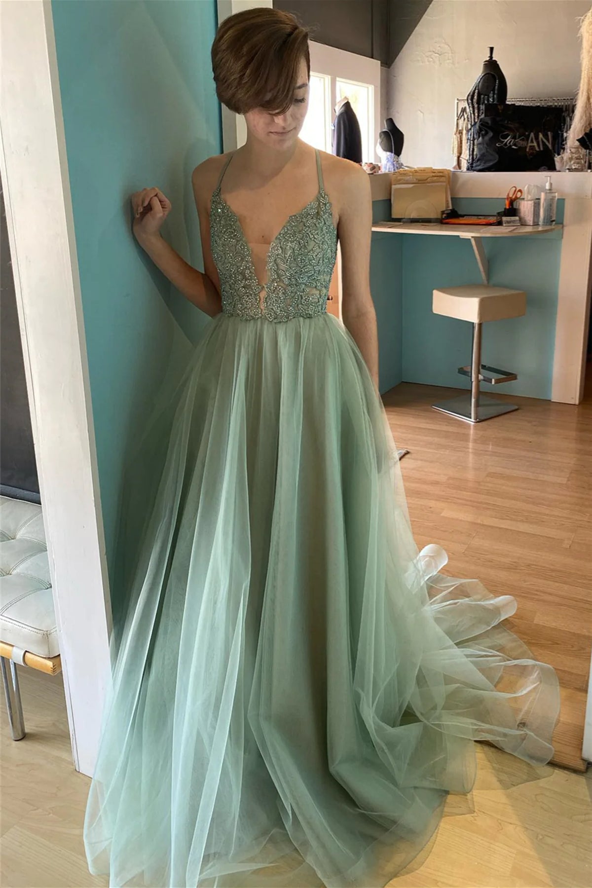 A Line V Neck Sage Green Lace Prom Dresses, Green Lace Formal Gradutio Eip Collection A Line V Neck Sage Green Lace Prom Dresses, Green Lace Formal Gradutio Eip Collection