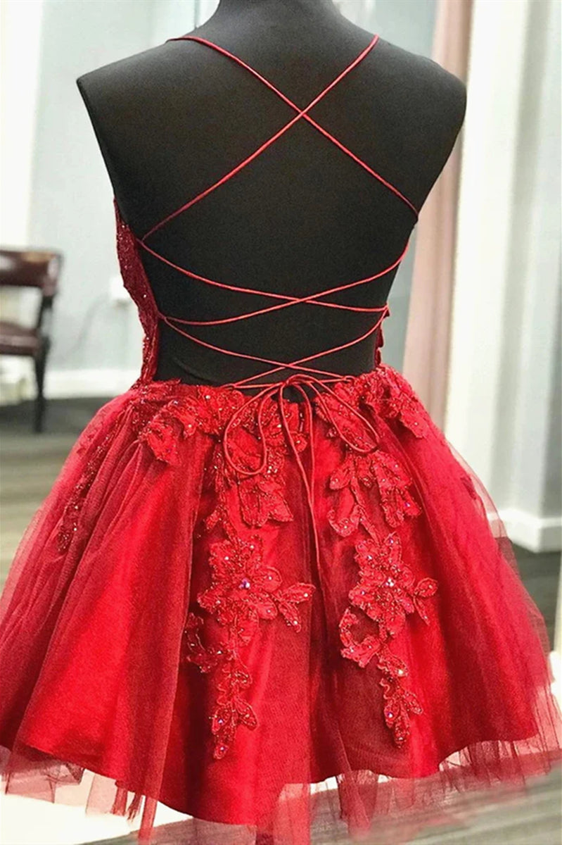 Red V Neck Short Lace Prom Dresses, Backless V Neck Short Lace Formal Homecoming Dresses