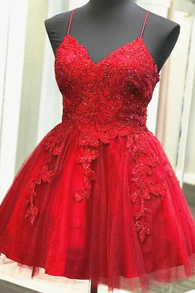 A Line V Neck Short Red Lace Prom Dresses, Short Red Lace Formal Homecoming Dresses EP2100