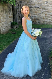 Backless Blue Lace Prom Dresses, Open Back Blue Lace Formal Evening Dresses