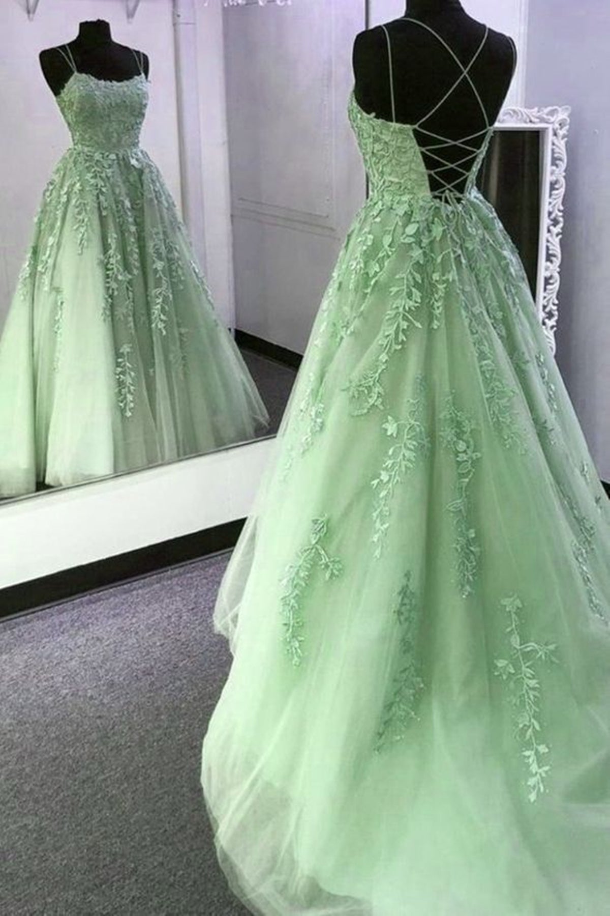 Backless Mint Green Lace Prom Dresses, Mint Green Open Back Lace Formal Evening Dresses