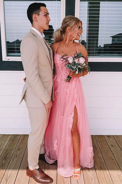 Backless Pink Lace Prom Dresses, Open Back Pink Lace Formal Evening Dresses
