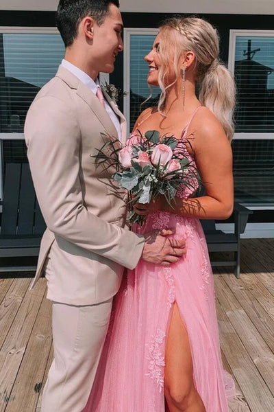 Backless Pink Lace Prom Dresses, Open Back Pink Lace Formal Evening Dresses