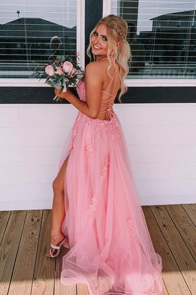 Backless Pink Lace Prom Dresses, Open Back Pink Lace Formal Evening Dresses