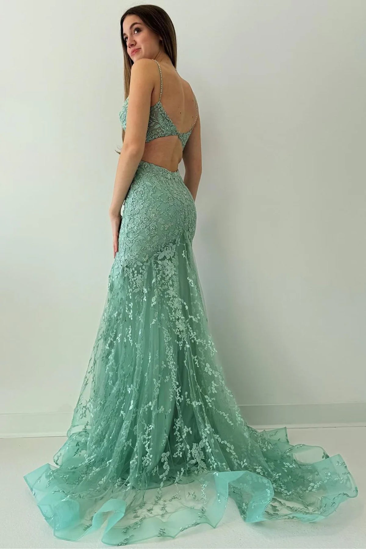 Backless V Neck Sage Green Lace Long Prom Dresses, Green Lace Formal D – Eip Collection