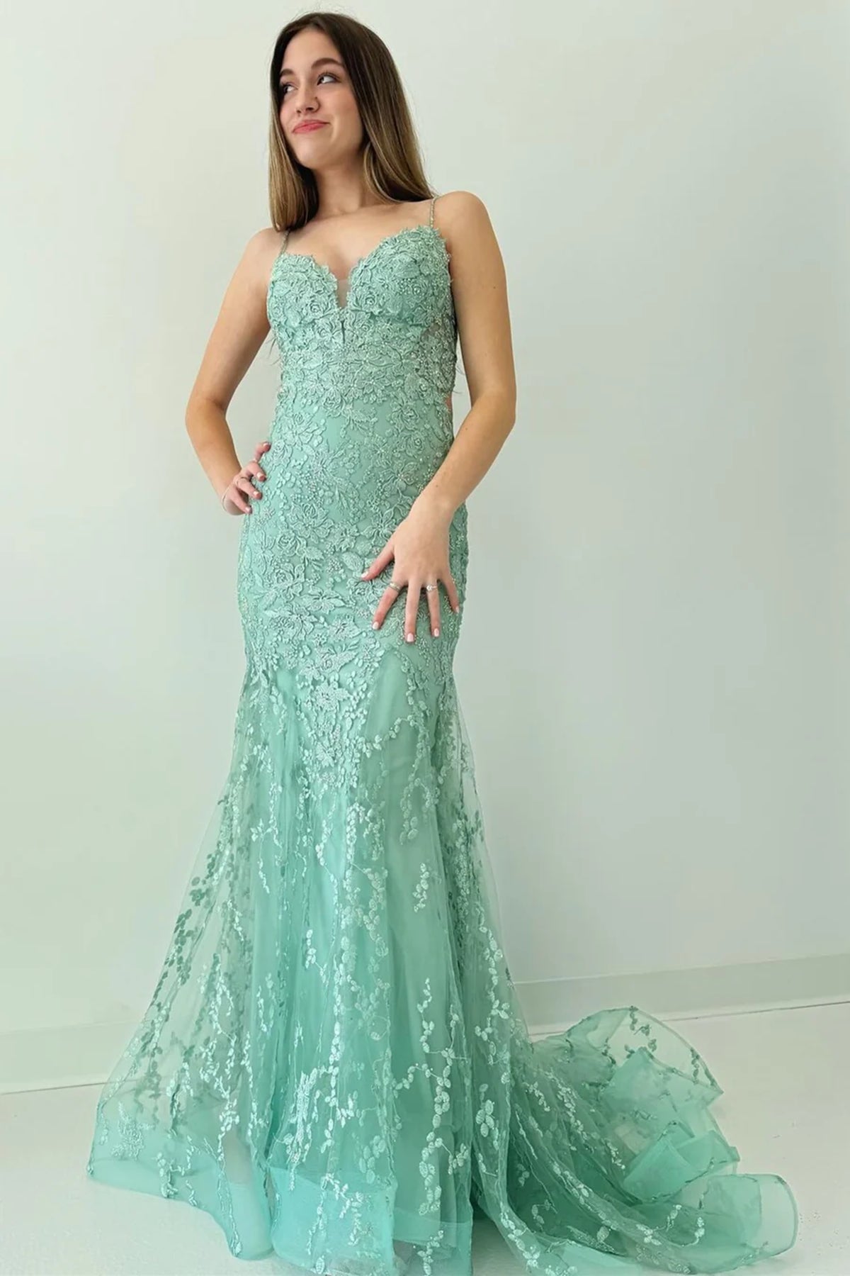 Backless V Neck Sage Green Lace Long Prom Dresses, Green Lace Formal D Eip Collection Backless V Neck Sage Green Lace Long Prom Dresses, Green Lace Formal D Eip Collection