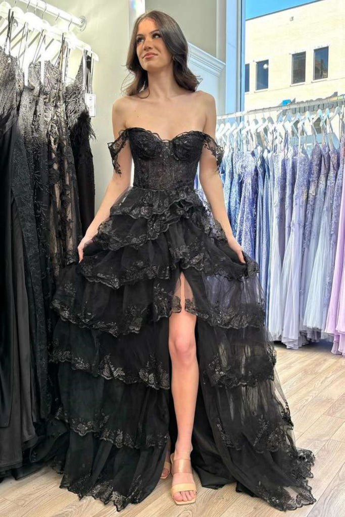 Black Layered Lace Prom Dresses, Black Lace Layered Long Formal Gradua