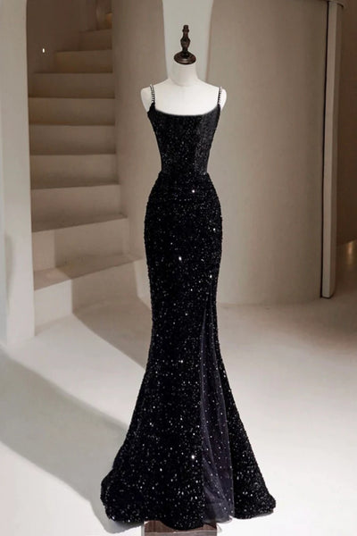 Black Mermaid Sequins Long Prom Dresses, Black Mermaid Long Formal Graduation Dresses