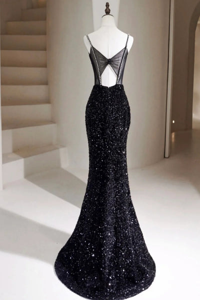 Black Mermaid Sequins Long Prom Dresses, Black Mermaid Long Formal Graduation Dresses