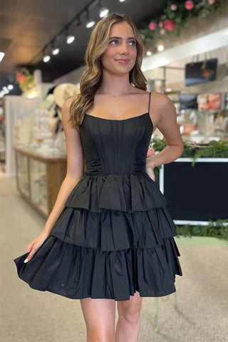 Simple Backless Layered Satin Black/Green Prom Dresses, Short Black/Green Homecoming Dresses