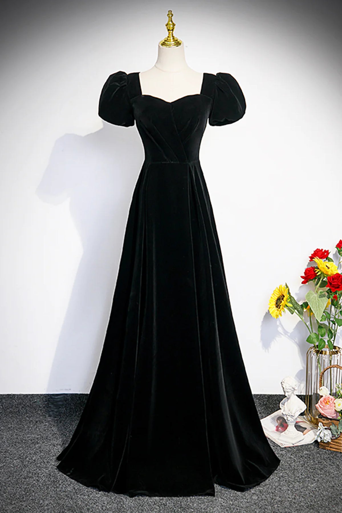 Black Velvet Short Sleeves Floor Length Long Prom Dress, Black Velvet Long Formal Evening Dresses