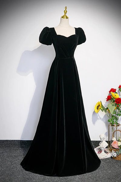 Black Velvet Short Sleeves Floor Length Long Prom Dress, Black Velvet Long Formal Evening Dresses