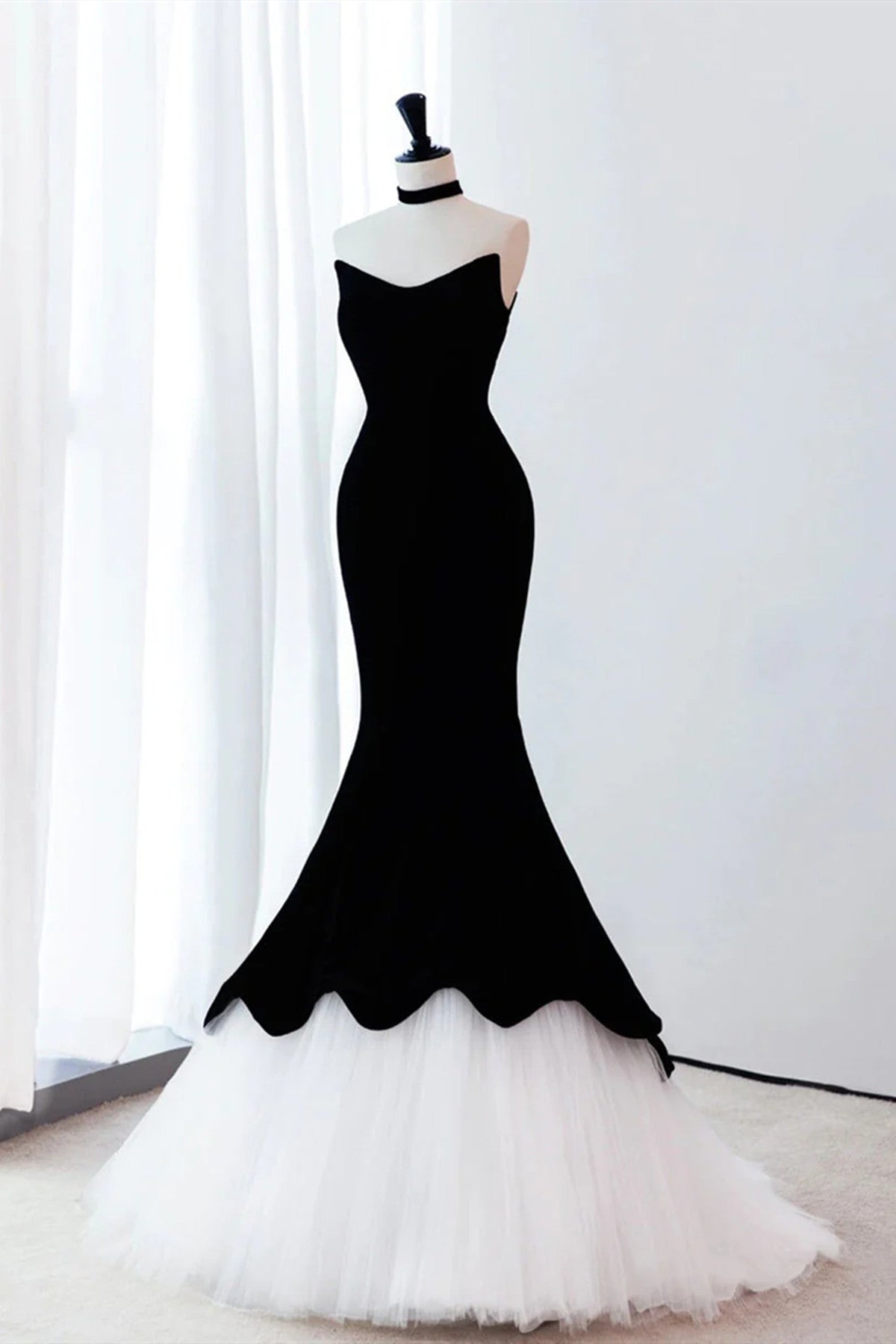 Black and White Mermaid Long Prom Dresses, Black and White Mermaid Long Formal Evening Dresses
