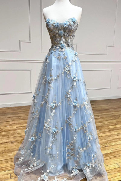 Blue Floral Long Prom Dresses, Blue Floral Long Formal Evening Dresses