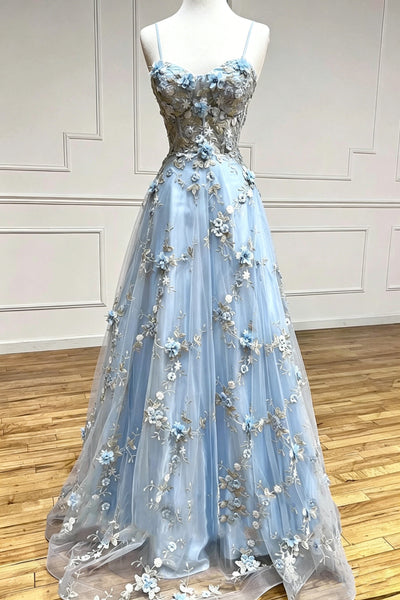 Blue Floral Long Prom Dresses, Blue Floral Long Formal Evening Dresses