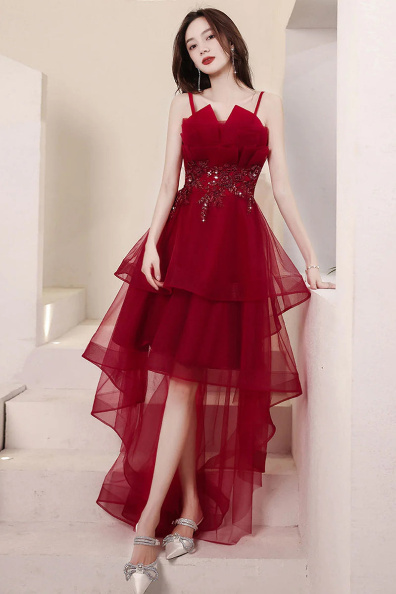 Burgundy High Low Tulle Prom Dresses, Wine Red Short High Low Formal H ...