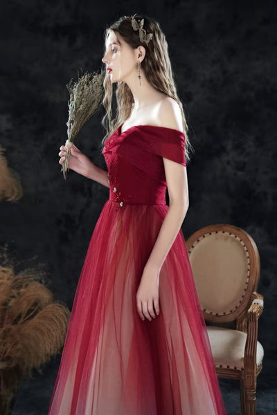 Burgundy Off the Shoulder Prom Dress, Wine Red Tulle Long Formal Evening Gown