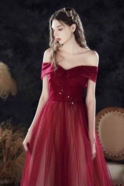 Burgundy Off the Shoulder Prom Dress, Wine Red Tulle Long Formal Evening Gown