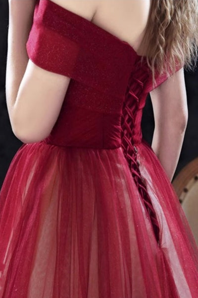 Burgundy Off the Shoulder Prom Dress, Wine Red Tulle Long Formal Evening Gown