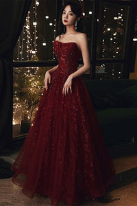 Burgundy Tulle Long Lace Prom Dresses, Wine Red Tulle Long Lace Formal Evening Dresses