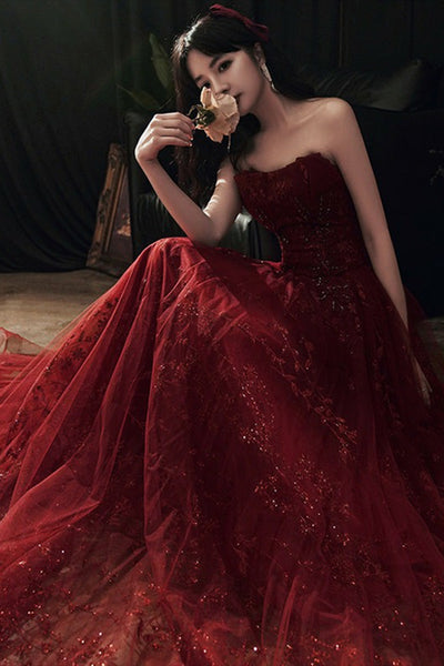 Burgundy Tulle Long Lace Prom Dresses, Wine Red Tulle Long Lace Formal Evening Dresses