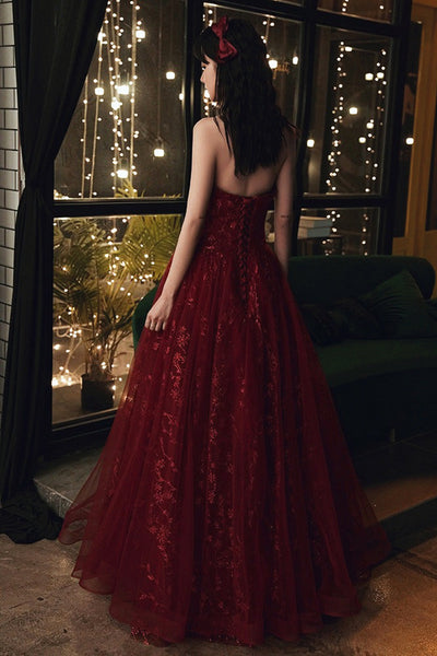 Burgundy Tulle Long Lace Prom Dresses, Wine Red Tulle Long Lace Formal Evening Dresses
