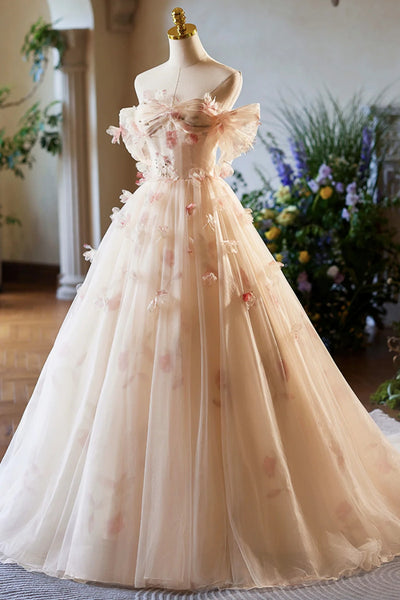 Champagne Tulle Floral Floor Length Long Prom Dresses, Off the Shoulder Pink Floral Formal Graduation Dresses