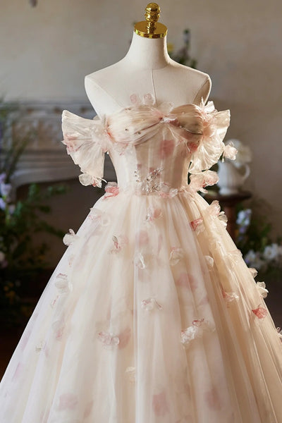 Champagne Tulle Floral Floor Length Long Prom Dresses, Off the Shoulder Pink Floral Formal Graduation Dresses