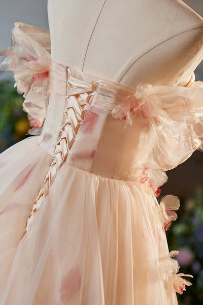 Champagne Tulle Floral Floor Length Long Prom Dresses, Off the Shoulder Pink Floral Formal Graduation Dresses