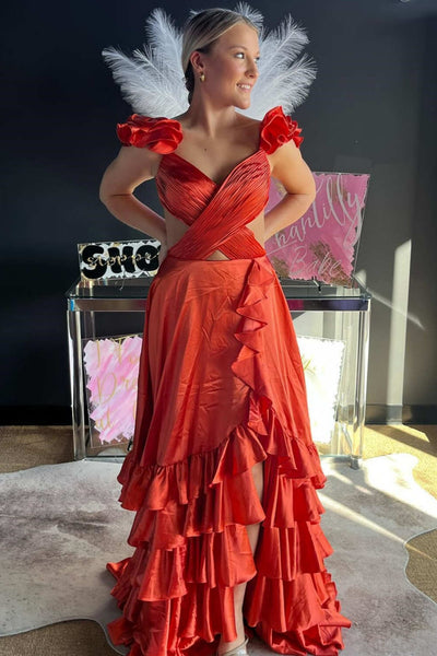 Criss Cross Top Ruffled Straps Red Green Golden Pink Pleated Layered Long Prom Dresses, Criss Cross Layered Long Formal Dresses