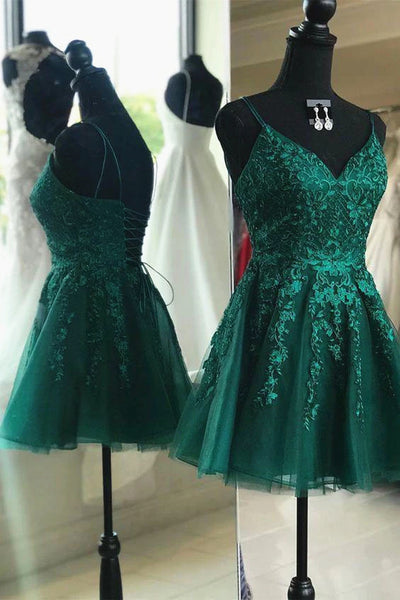 Cute V Neck Green Lace Short Prom Homecoming Dresses, Green Lace Formal Dresses, Green Evening Dresses EP1483