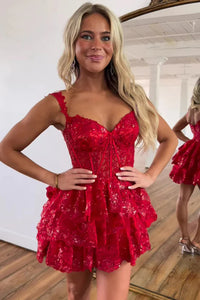 Cute V Neck Layered Red Lace Short Prom Dresses, Red Lace Homecoming Dresses, Red Formal Evening Dresses