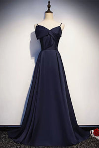 Dark Navy Blue Long Satin Prom Dresses, Dark Navy Blue Long Formal Evening Dresses