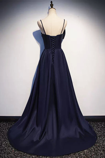 Dark Navy Blue Long Satin Prom Dresses, Dark Navy Blue Long Formal Evening Dresses