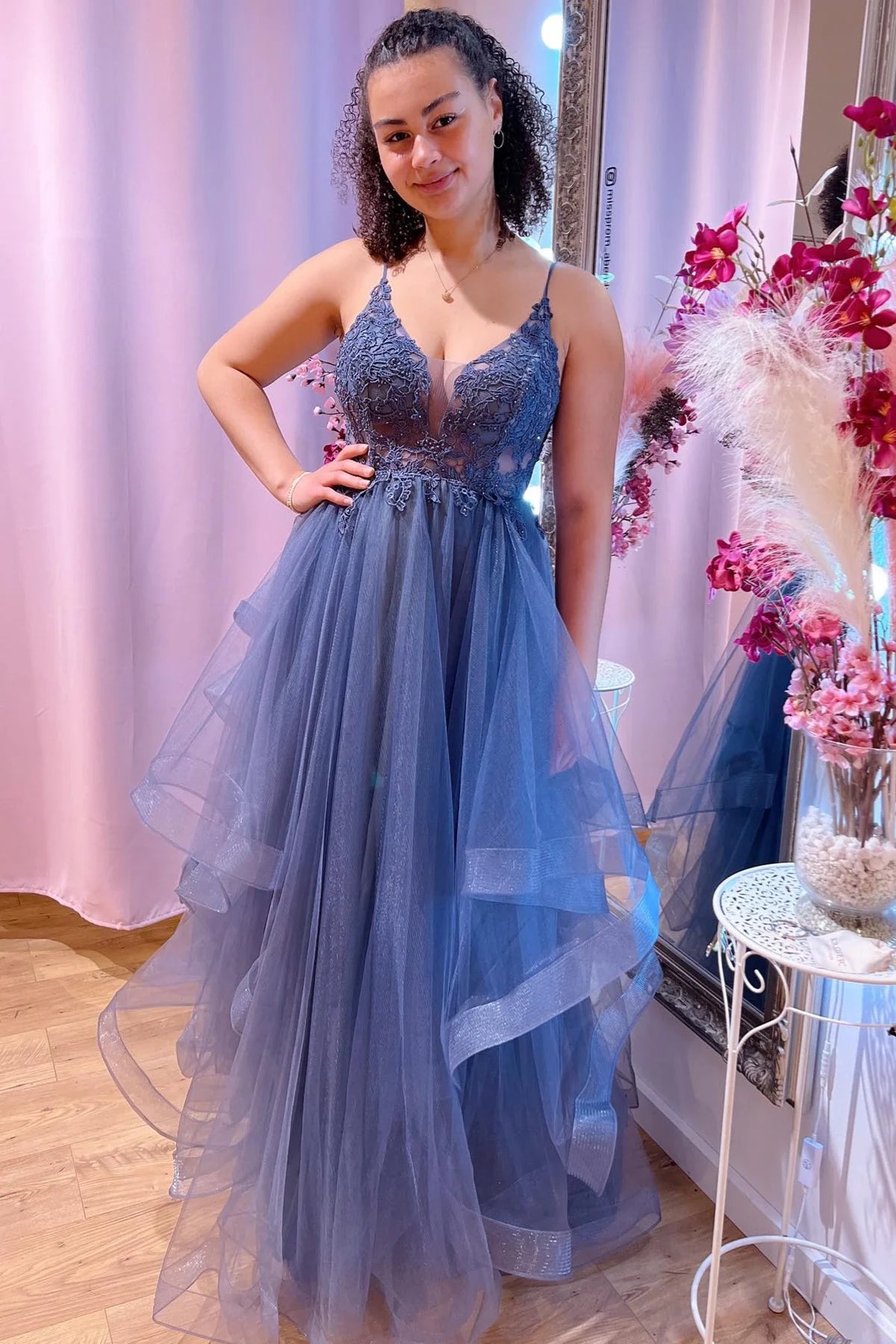 Deep V Neck Blue Beaded Appliques Multi Layers Long Prom Dress, Multi Layers Long Formal Lace Evening Dresses