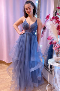 Deep V Neck Blue Beaded Appliques Multi Layers Long Prom Dress, Multi Layers Long Formal Lace Evening Dresses