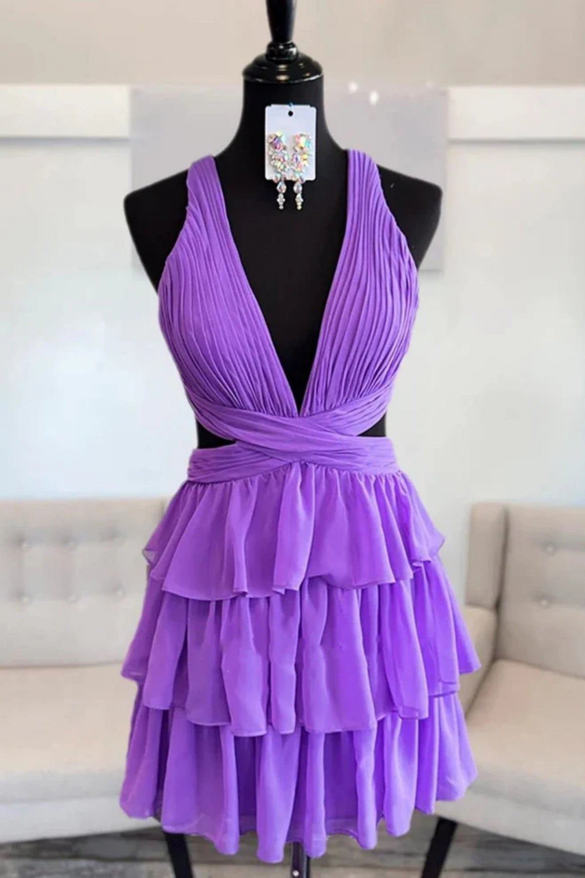 Deep V Neck Short Purple Chiffon Prom Dresses, Deep V Neck Short Purple Formal Homecoming Dresses