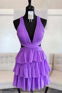 Deep V Neck Short Purple Chiffon Prom Dresses, Deep V Neck Short Purple Formal Homecoming Dresses