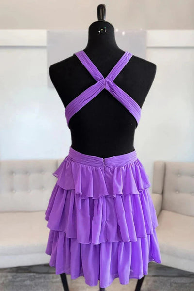 Deep V Neck Short Purple Chiffon Prom Dresses, Deep V Neck Short Purple Formal Homecoming Dresses