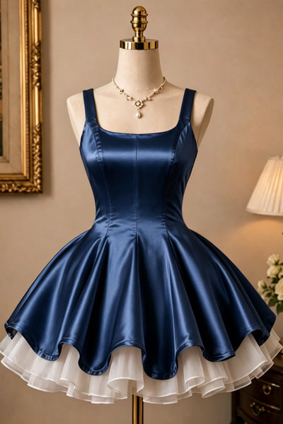 Double Straps Short Pink Blue Black Satin Prom Dresses, Short Pink Blue Black Formal Graduation Dresses