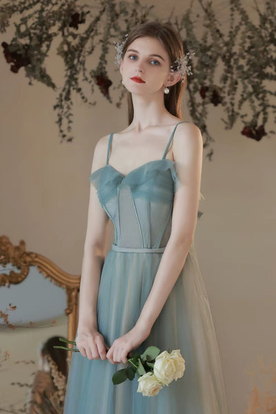 Dusty Blue Spaghetti Straps Tulle Long Prom Dress, Corset Bodice Blue Long Formal Evening Dresses
