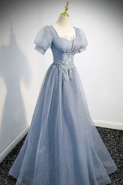 Dusty Blue Sparkly Lace Appliques Prom Dress, Puff Short Sleeve Square Neck A Line Formal Evening Dresses