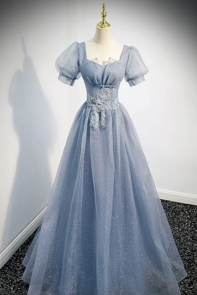 Dusty Blue Sparkly Lace Appliques Prom Dress, Puff Short Sleeve Square Neck A Line Formal Evening Dresses