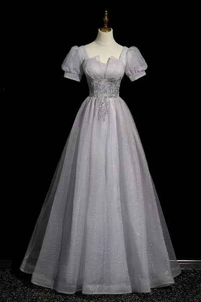 Dusty Blue Sparkly Lace Appliques Prom Dress, Puff Short Sleeve Square Neck A Line Formal Evening Dresses