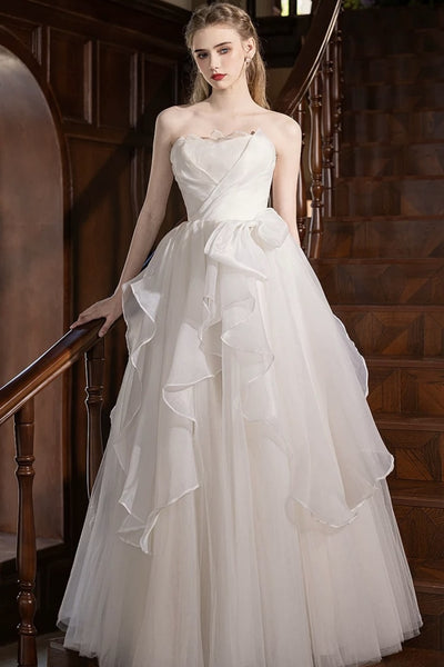 Elegant Strapless White Organza Long Wedding Dresses with Bow, Strapless White Organza Long Bridal Gowns