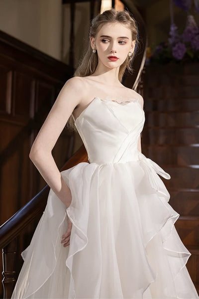 Elegant Strapless White Organza Long Wedding Dresses with Bow, Strapless White Organza Long Bridal Gowns