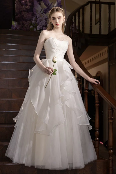 Elegant Strapless White Organza Long Wedding Dresses with Bow, Strapless White Organza Long Bridal Gowns