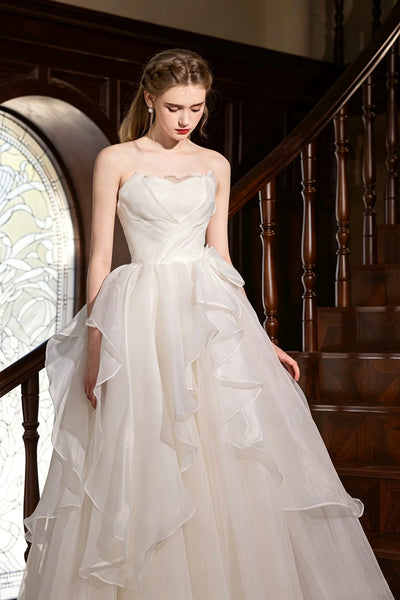 Elegant Strapless White Organza Long Wedding Dresses with Bow, Strapless White Organza Long Bridal Gowns