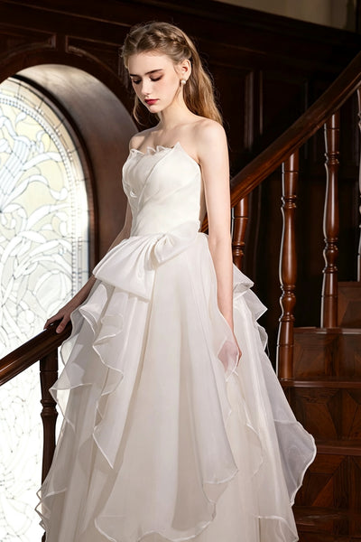 Elegant Strapless White Organza Long Wedding Dresses with Bow, Strapless White Organza Long Bridal Gowns