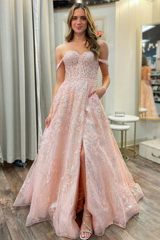 Gorgeous Off Shoulder Pink Lace Long Prom Dresses with High Slit, Pink Lace Formal Dresses, Pink Evening Dresses with Pocket